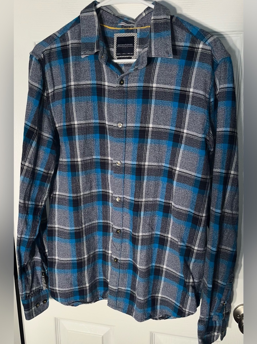 Men’s Denim & Flower Slim Fit Plaid Long Sleeve Button Shirt Large L Cotton